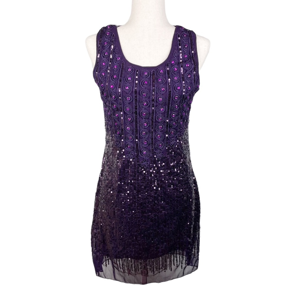 NEW Manzhili Purple Embroidered Sequin Jeweled Party Mini Dress Sleeveless